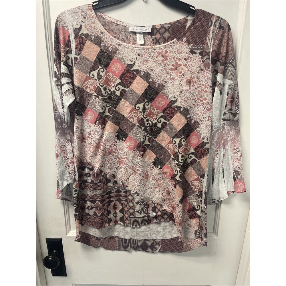 Keren Hart Womens Blouse Top Size Large Multicolor Pattern Art